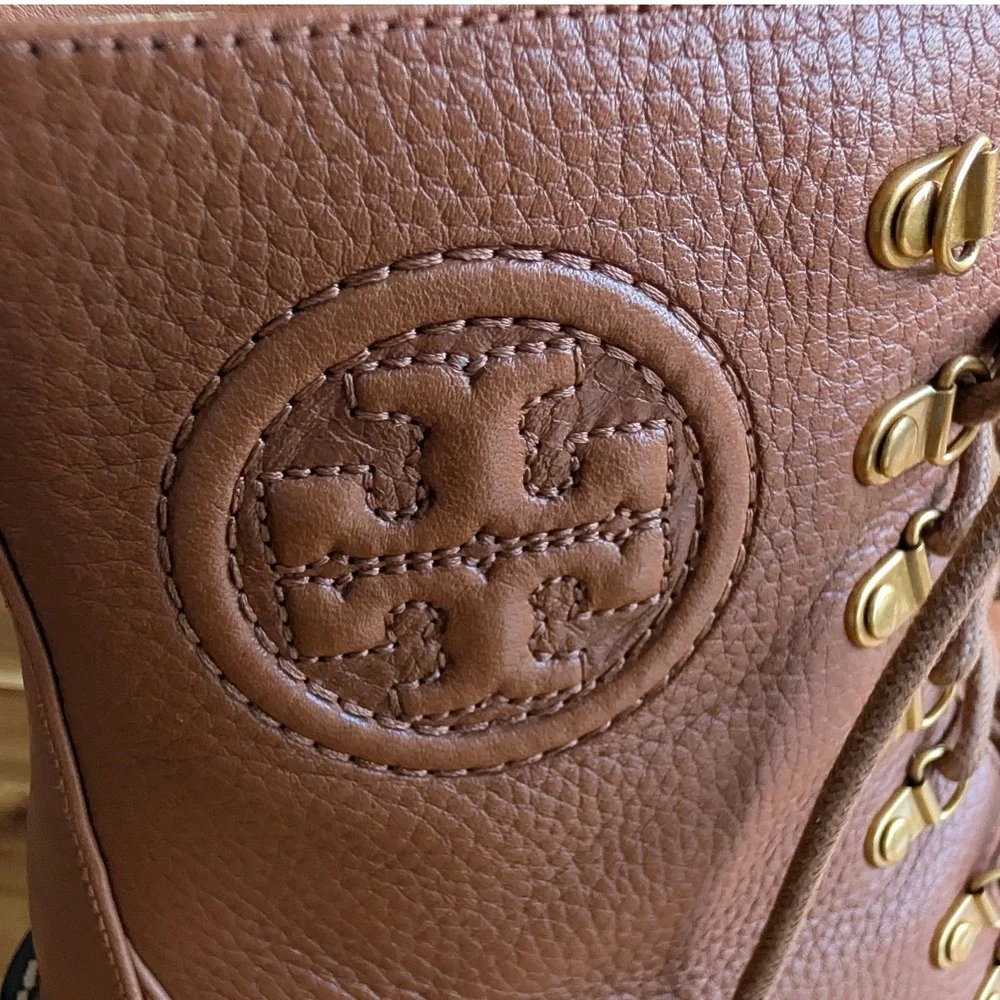 Tory Burch Miller Lug Sole Ankle Boots Brown Pebbled Leather Tan‎ Size 7.5